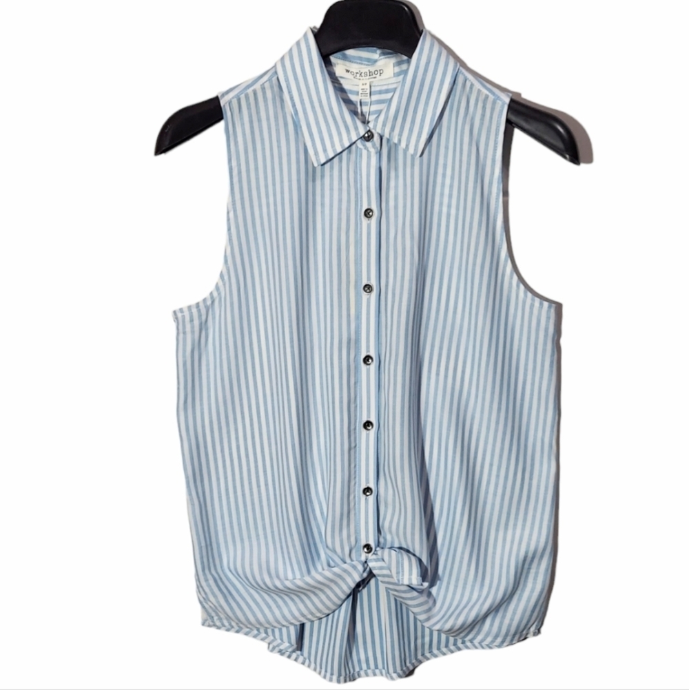 Workshop Womens sleeveless shirt small blue white stripes with buttons New